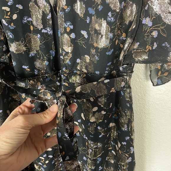 SOLD New BA&SH Lady Dress Floral Metallic Tee Silk Midi V Neck Short Sleeve XS - Picture 11 of 16